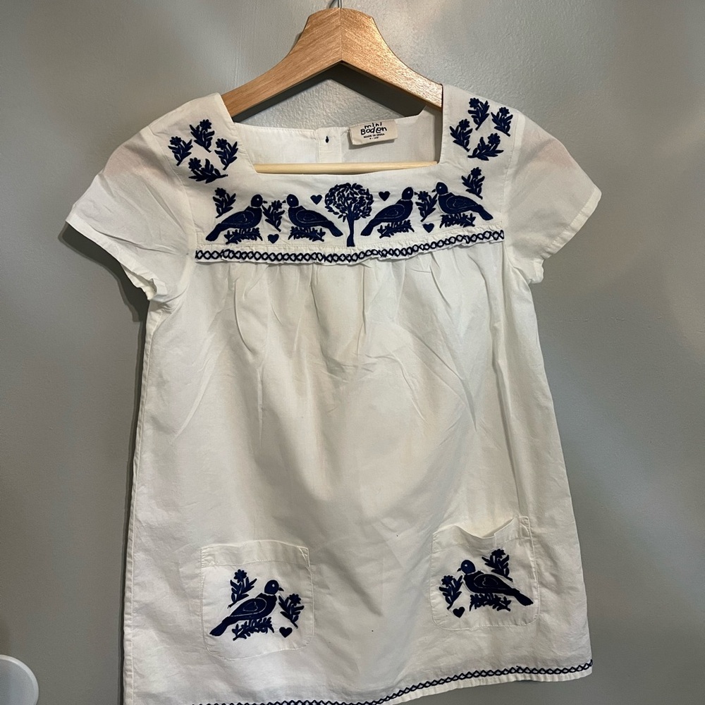 Boden White Dress with Navy Embroidery